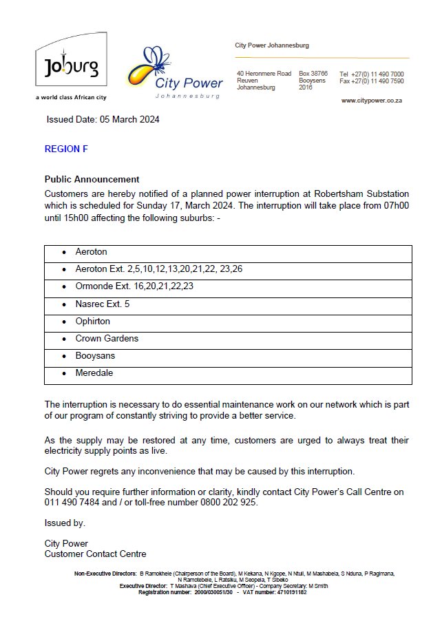 CityPowerJhb's tweet photo. #CityPowerUpdates #ReuvenSDC
ROBERTSHAM SUBSTATION
⚠️Planned maintenance underway (scheduled for 17 March 2024). Please see full details below. ^IM https://t.co/DsCd26w11c