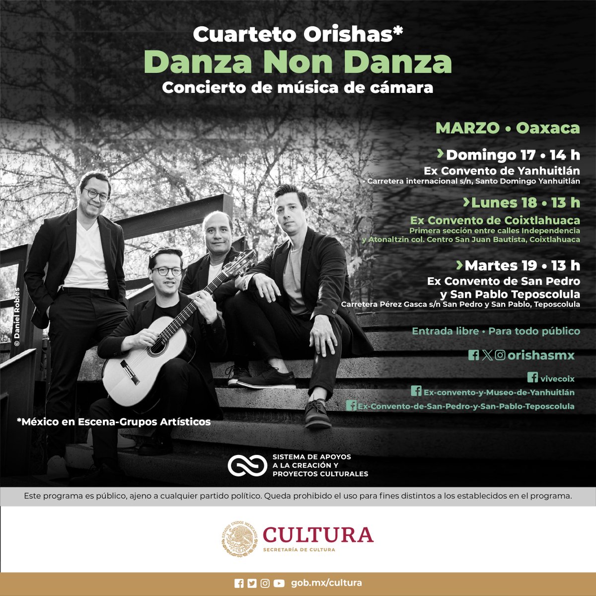 🎸El cuarteto Cuarteto <a href="/orishasmx/">Cuarteto Orishas</a> (México en Escena) visita #Oaxaca. ¡No te pierdas "Danza non danza" en diversos escenarios!

📆17 a 19 de marzo
🎟️Entrada libre

<a href="/cultura_mx/">Secretaría de Cultura</a>