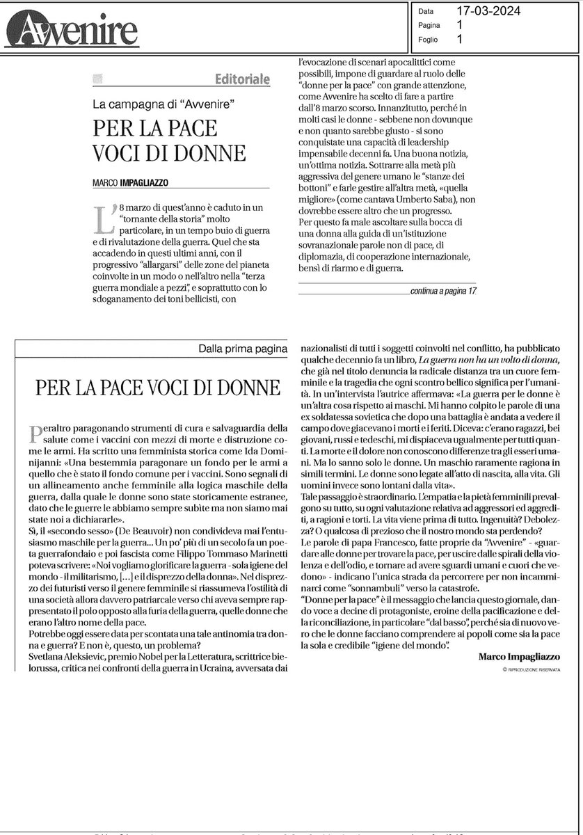 Le #donne e la #pace. Ne scrivo su <a href="/Avvenire_Nei/">𝐀𝐯𝐯𝐞𝐧𝐢𝐫𝐞</a>