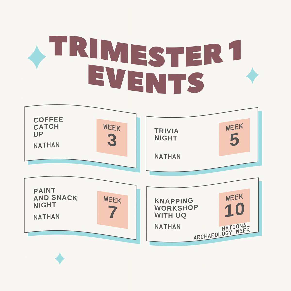 Our Trimester 1 event calendar is here! We can't wait to see you all soon, stay tuned for more event specific details coming soon 🤗