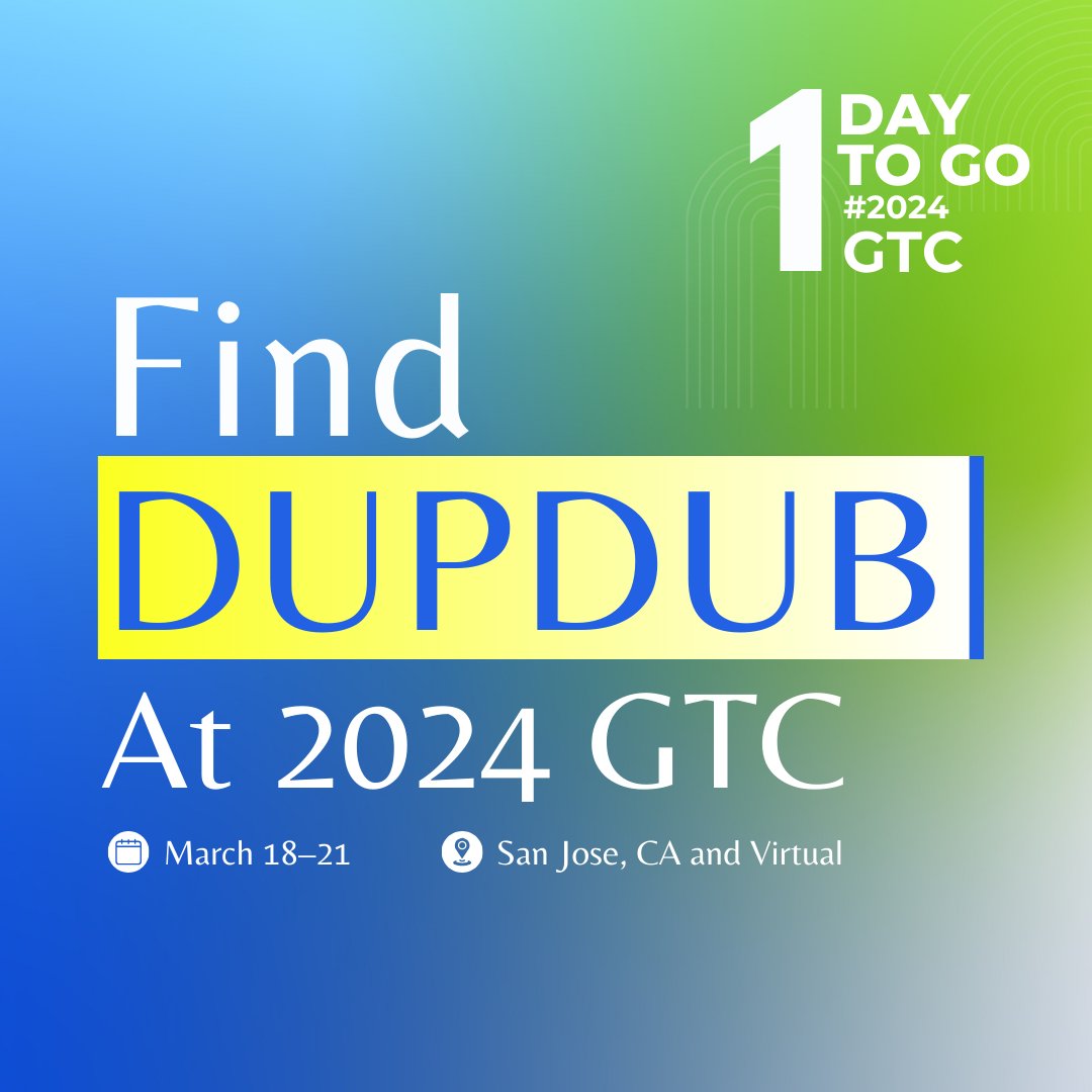 Coming in! #Dupdub will be attending @NVIDIA  #GTC24!
Join the <a href="/NVIDIAGTC/">NVIDIA GTC</a> session where we'll discuss the challenges of making an interactive digital avatar based on #NVIDIAOmniverse, #AIGC, and #LLM.
Tune in tomorrow at 11 a.m. PT and let's dive into the future of #GenerativeAI!