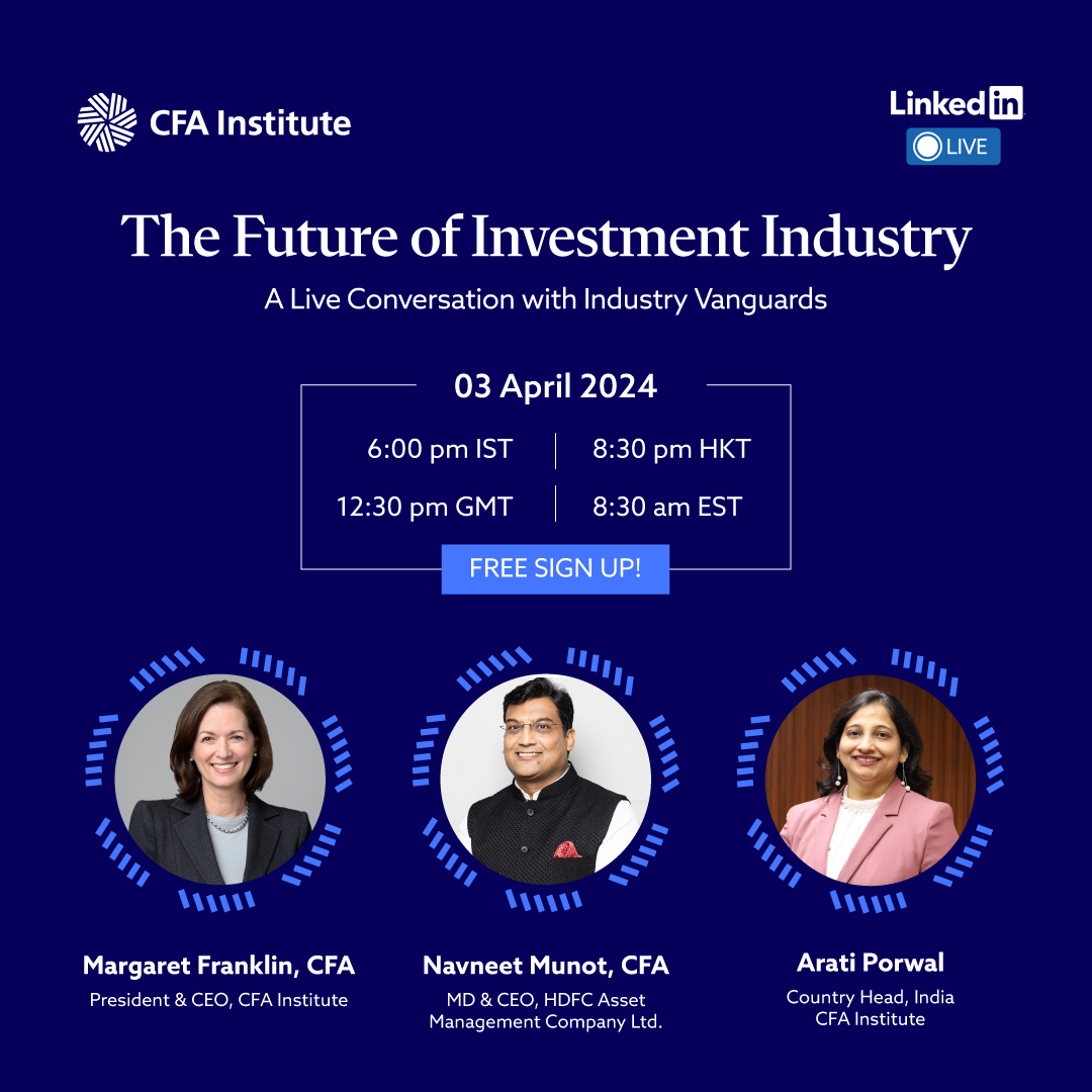 CFAIIndia's tweet photo. Join the #LinkedInLive to get exclusive insights into the ever-evolving global investment landscape from industry leaders and understand the contributions of CFA Institute towards the #investmentmanagement sector. 
Register now: https://t.co/1lLULxVSYh

#Careers https://t.co/DUR2lzIzLY