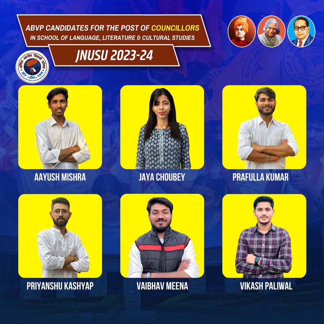 abvpjnu's tweet photo. Student Power - Nation’s Power!

Vote! Support! Elect!

ABVP's candidates for the Councillor's post in the School of Language, Literature & Cultural Studies (SLL&CS) in JNU Students' Union (JNUSU) polls 2023-24.

Aayush Mishra
Jaya Choubey
Prafulla Kumar
Priyanshu Kashyap
Vaibhav Meena
Vikash Paliwal

This time, let the nationalism triumph. 🇮🇳 
#ABVP4JNUSU