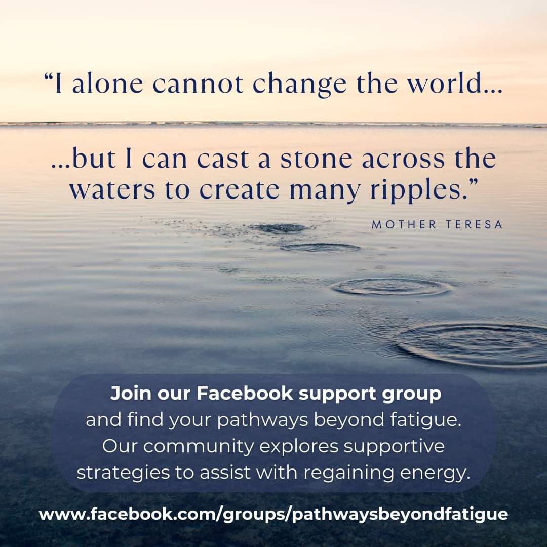 beyond_fatigue's tweet photo. “I alone cannot change the world, but I can cast a stone across the waters to create many ripples.” – Mother Teresa
Join our Facebook #support group and find your pathways beyond #fatigue. Our #community explores supportive #strategies to assist with regaining #energy. https://t.co/YMZ0HbPeZ1
