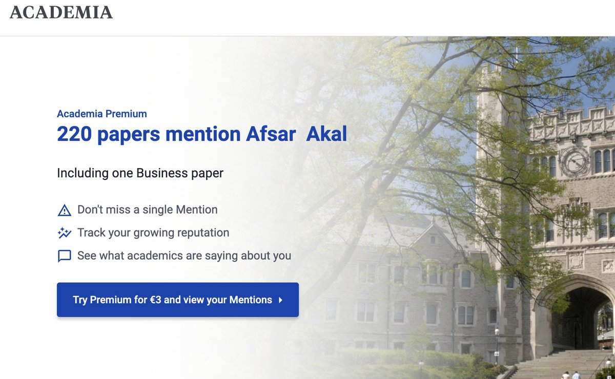 I am en educator but never worked f/time at an academic inst'n. Do I have to pay €3 a month to find out how many citations I've got? Can't Academia just move to Web3.0 and let us pay pennies for a simple info instead of a costly subscription? Wallet connect-pay-go! That's it!