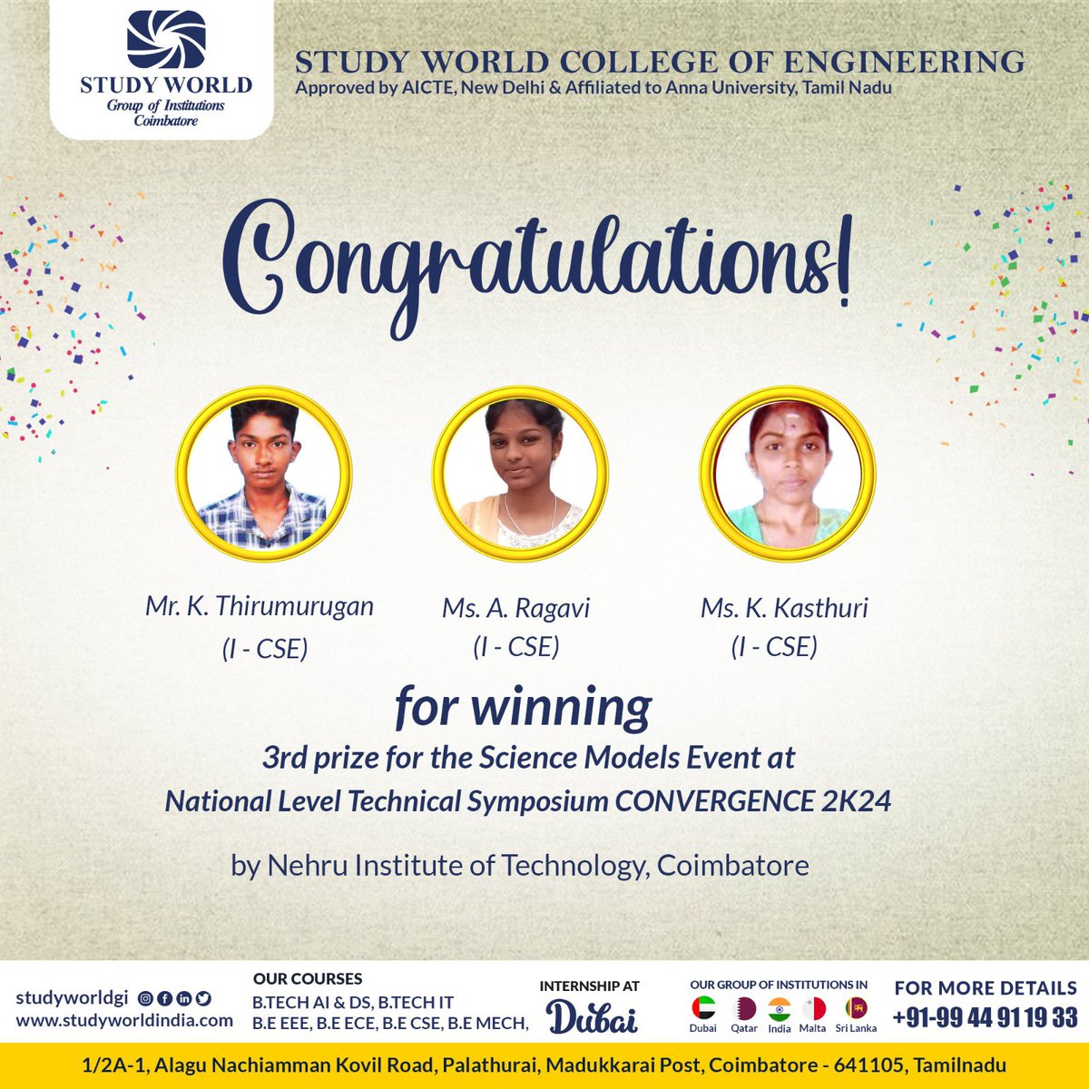 Celebrating our college's success at the National Level Technical Symposium CONVERGENCE 2K24 hosted by NIT Coimbatore. Our students from the Computer Science and Engineering department secured the 3rd prize in the Science Models Event.

#convergence2024