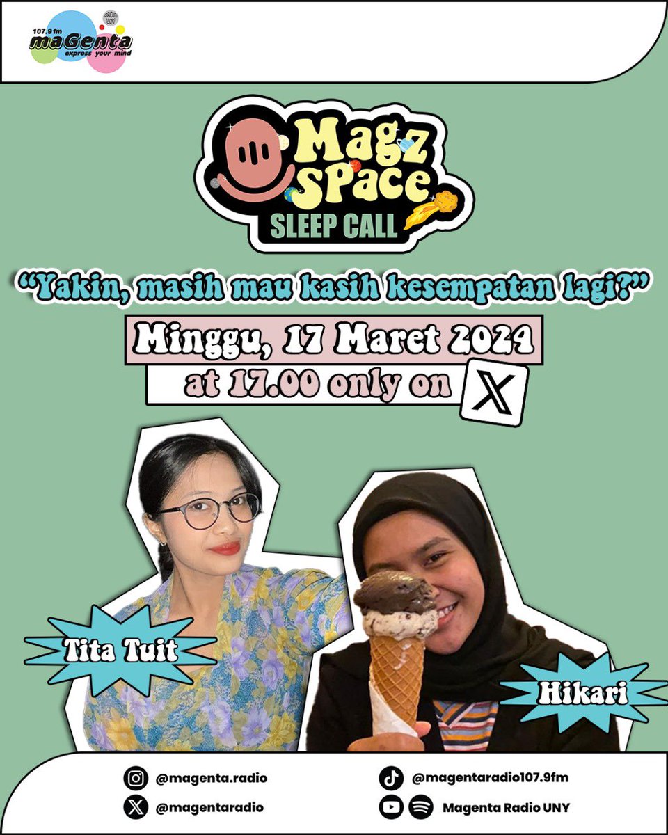 magentaradio's tweet image. Aku ngasih one more chance ke dia berharap biar kedepannya bisa jadi lebih baik lagi tapi kayaknya ekspektasiku ketinggian deh hehehehe😁

Siapa relate? Sharing cerita kamu juga dong di #MagzSpace #SleepCall bareng Tita Tuit dan Hikari!