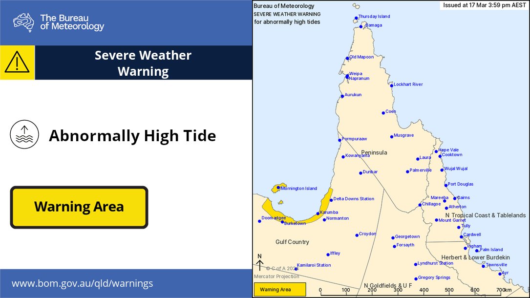 BOM_Qld's tweet photo. ⚠️🌊#QLD Severe Weather Warning for abnormally high tides in the Gulf Country due to #Cyclone #Megan.  Water levels on the high tide are likely to exceed highest tide of the year. Area includes Mornington Island, Burketown and Karumba. Check details https://t.co/eJf80G3G0r https://t.co/P95eFXUNbB
