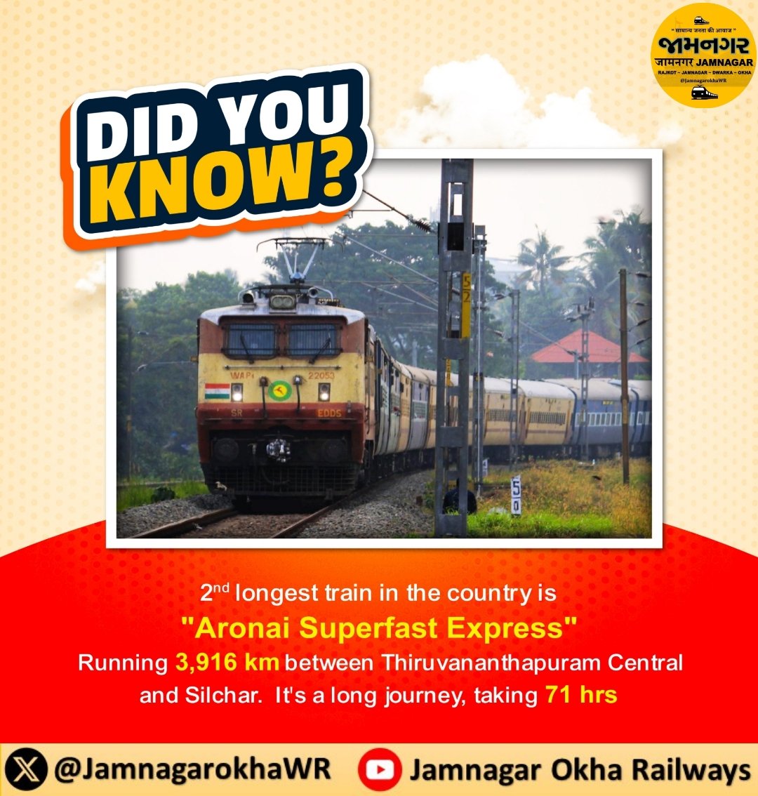 RajkotpbrWR's tweet image. क्या आप जानते है ?? 🤔🤔
2nd Longest Journey Train Of Bharat.
TVC SCL ARNOI EXP 12507.
@WesternRly @RajkotJunction
@AhmedabadWR @GujaratRailways
@wrdrmrjt #IndianRailways 
#Jamnagar #Traininformation