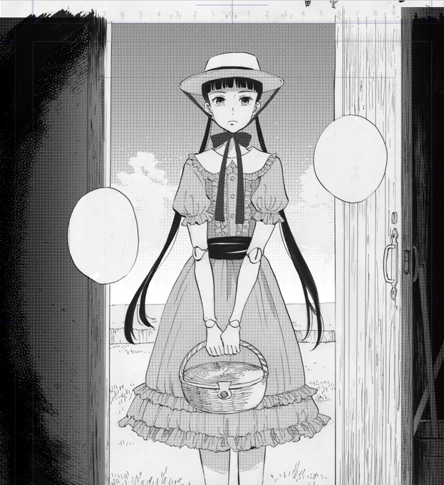 アナログでペン入れしてスキャンして2値化(白と黒の二色だけに)してからデジタルでトーン仕上げしてるんだけど、
2値化しないままトーン貼ると原稿用紙の枠線とか消しゴム跡とか残っていてアナログ原稿みたい
これはこれでいいなあ
(右は2値化したもの) 