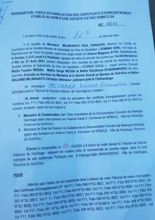 KamitugaSpace's tweet photo. Assignation civile en annulation des certificats d'enregistrement établis au nom d'une société fictive dénommée #Somico SA à #Kamituga au #SudKivu  en complicité de l'autorité provinciale sortant et les services publics de l'Etat .
Etat de droit n'est il pas une illusion ? https://t.co/3ErdKqA5MW
