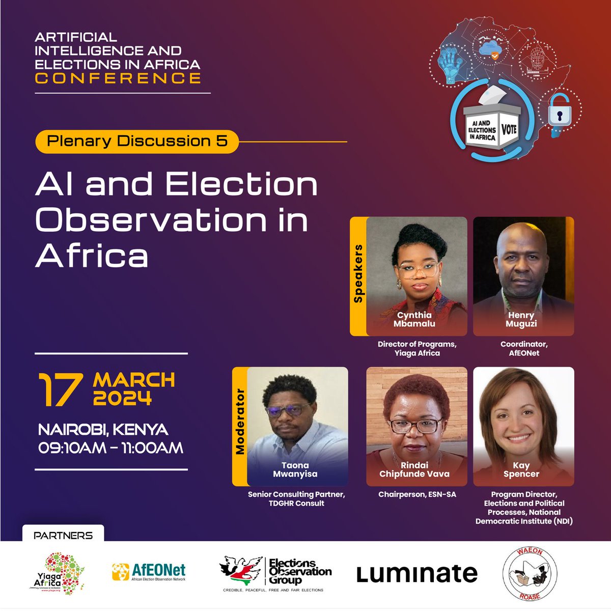 We are back for day 2 of the conference on Artificial Intelligence and Elections in Africa. The first panel discusses AI and Election Observation in Africa.@WAEON @YIAGA @esn_sa @Luminategroup #AIandAfricaElections #EyesOnElectionsWe