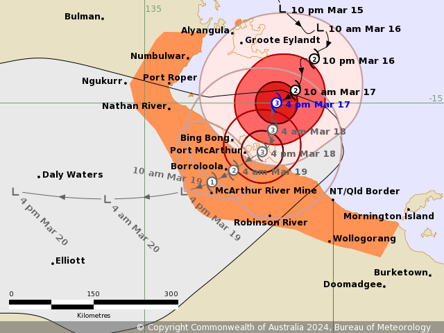 BOM_Qld's tweet photo. ⚠️🌀 Severe Tropical #Cyclone #Megan warning zone for next 24 hours: Alyangula (Groote Eylandt) in NT to Mornington Island in #Qld (not including Mornington Island), extending inland to Borroloola, McArthur River Mine, and Robinson River. Details at https://t.co/fxn3NUmzLD https://t.co/LmWKjr1ahT