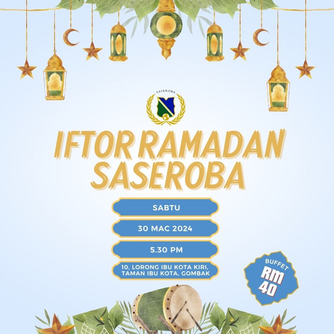 saseroba's tweet photo. Iftar Ramadan SASEROBA kembali lagi tahun ni🕌

Jom kita sama-sama meriahkan lagi iftar tahun ni dengan juadah masakan kampung sambil-sambil tu bertukar cerita &amp; update kehidupan masing-masing.

Link pendaftaran &amp; info lanjut: https://t.co/xhPdubNyiH https://t.co/P4oo2LyWad