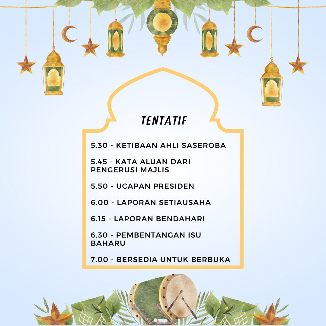 saseroba's tweet photo. Iftar Ramadan SASEROBA kembali lagi tahun ni🕌

Jom kita sama-sama meriahkan lagi iftar tahun ni dengan juadah masakan kampung sambil-sambil tu bertukar cerita &amp; update kehidupan masing-masing.

Link pendaftaran &amp; info lanjut: https://t.co/xhPdubNyiH https://t.co/P4oo2LyWad