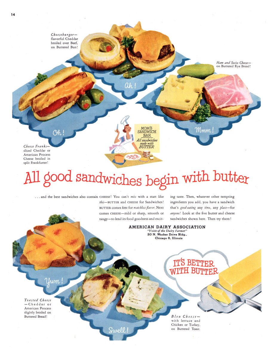 #THISWEEK in 1952
‘All good sandwiches begin with butter’
American Dairy Association
Collier’s, March 15, 1952
#illustration #illustrationart #AmericanDairyAssociation #DairyFarmers #butter #cheese #sandwiches #GraphicDesign #1950s