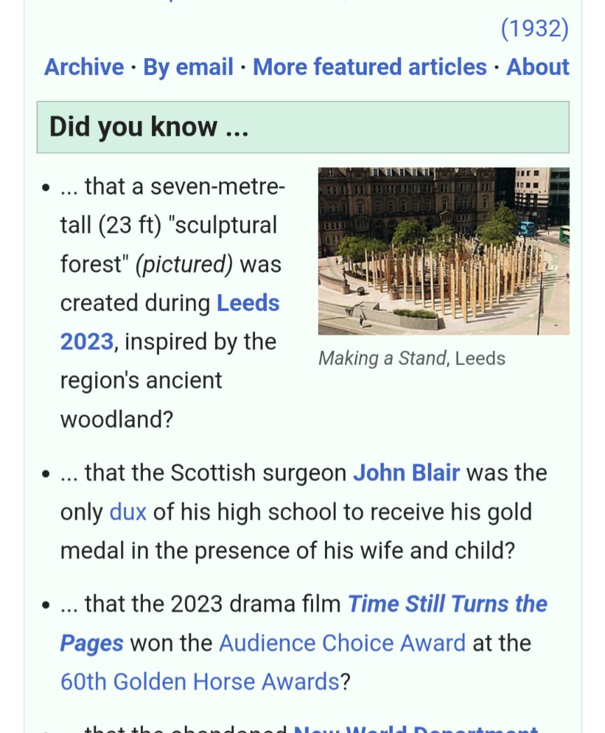 & Leeds is on the front page of @wikipedia AGAIN with @LEEDS_2023 featured! This factoid uses an image of Making a Stand that was donated by Leeds 2023 to @WikiCommons funded through a grant from @wikimediauk 👇🏻 en.wikipedia.org/wiki/Leeds_2023