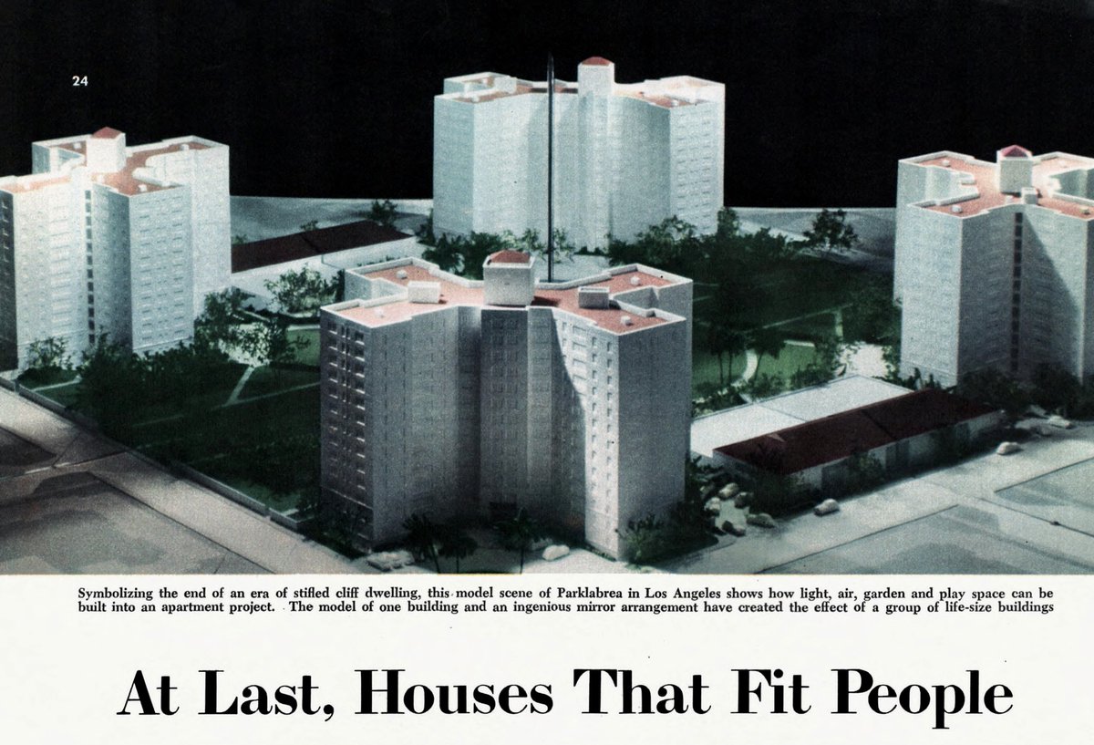 LRonLacy's tweet photo. #THISWEEK 1949
🧵
‘Symbolizing the end of an era of stifled cliff dwelling, this model scene of #Parklabrea in #LosAngeles shows how light, air, garden and play space can be built into an apartment project. …’
Photographer Eric Schaal for ➡️
#architecture #housing #UrbanPlanning https://t.co/S6uXsaInGC