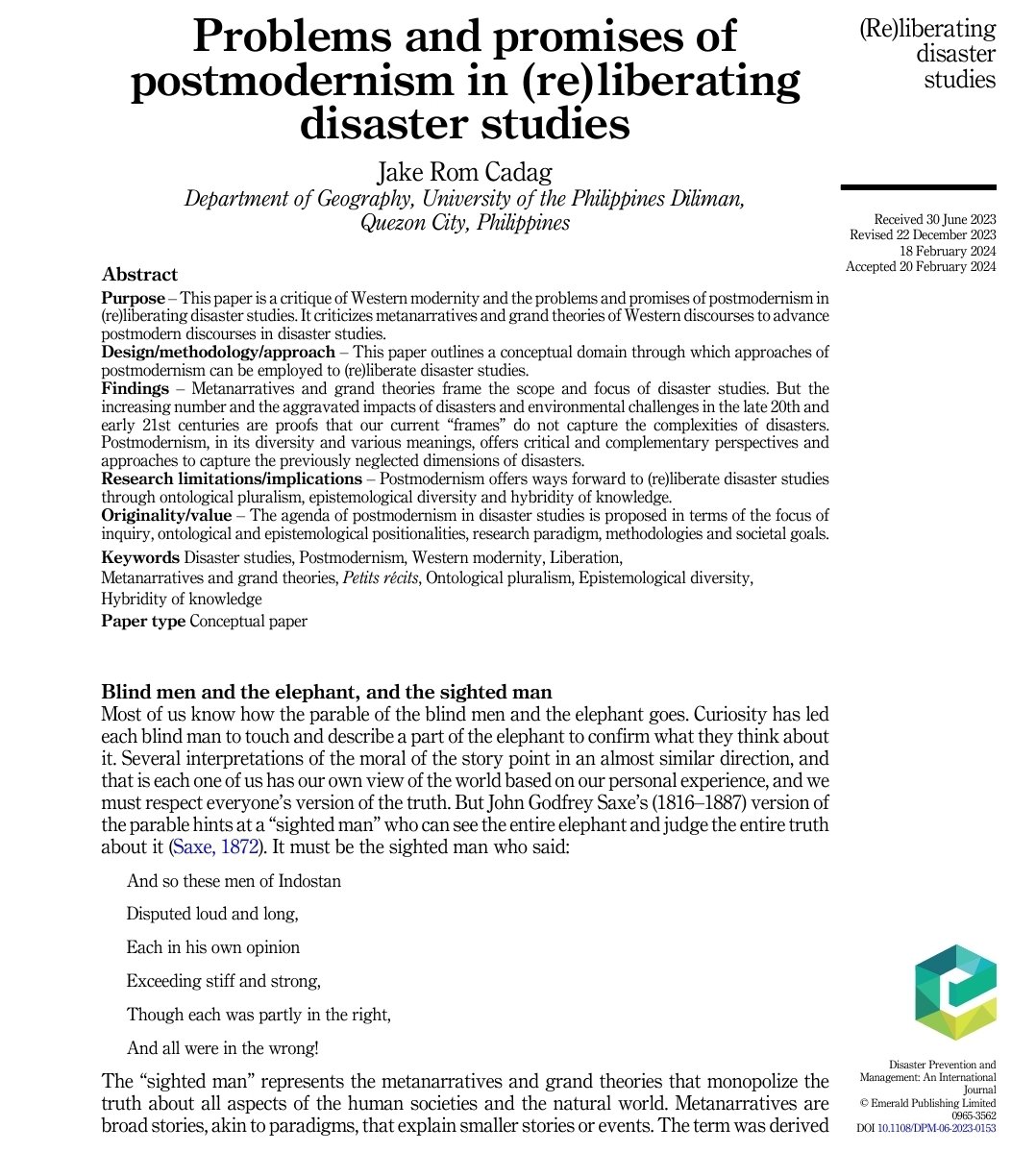 Disaster Prevention and Management (@disasterprevenm) on Twitter photo New article 📢📢
"Problems and promises of postmodernism in (re)liberating disaster studies" by <a href="/jrdcadag/">Jake Rom Cadag</a>. 
The article criticizes metanarratives and grand theories of Western discourses to advance postmodern discourses in disaster studies.
Read here 👇
emerald.com/insight/conten… New article 📢📢
"Problems and promises of postmodernism in (re)liberating disaster studies" by <a href="/jrdcadag/">Jake Rom Cadag</a>. 
The article criticizes metanarratives and grand theories of Western discourses to advance postmodern discourses in disaster studies.
Read here 👇
emerald.com/insight/conten…