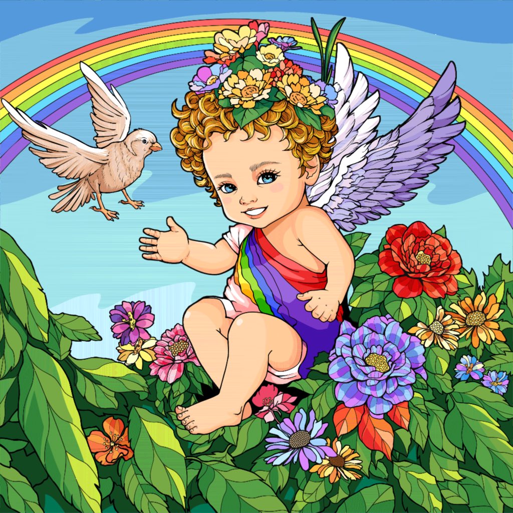 For an image of an angelic baby with a rainbow in the sky, you might consider using the hashtag '#HeavenlyBlessings' or '#AngelInRainbows'.