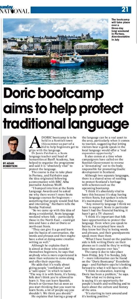 JamieFairbairn1's tweet photo. 📰 Guid airticle by @ScotNational aboot oor ☀ Summer Doric Bootcamp in bonnie Portsoy, bidin at e @PortsoySailLoft richt by e shore. Canna wait. 💷 Affa reasonably priced thanks to #DoricBoard. Sign up at: https://t.co/7NE2tlintF https://t.co/xWZKfrRVwA