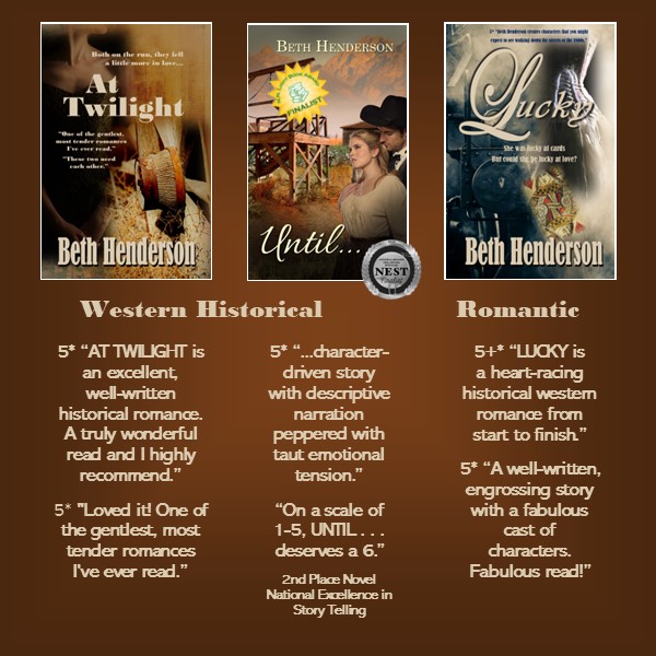 Beth__Henderson's tweet photo. #HistoricalRomance and #Suspense in the 19th century #OldWest #Adventure #Pinkertons #Deception #Texas #Idaho gold camp #mystery
LUCKY https://t.co/MFSbBuoztw
UNTIL . . . https://t.co/r7vzCrDMG4
AT TWILIGHT https://t.co/oX0RCMxipI https://t.co/YlBxutrI4e