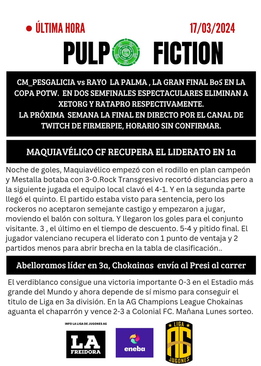 Becario deja el partido de la Open , si no vas a ganar y cuelga la portada del día. Domingo soleado, sube la temperatura en la Liga de Jugones AG, con esa 2a división enloquecida. Mañana sorteo de la AG Champions League. Nadie le da más a Efootball
#ThisIsLaLigaAG #eFootball2024