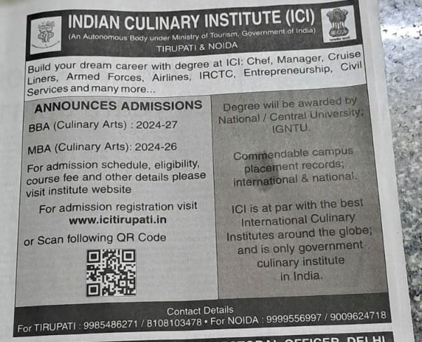 Admission open for BBA & MBA in Culinary Arts for 2024-27 & 2024-2026 session @AjaybhattBJP4UK @incredibleindia @kishanreddybjp @KishanReddyOfc @PIB_India @PIB_India @shripadynaik @tourismgoi @icitirupati