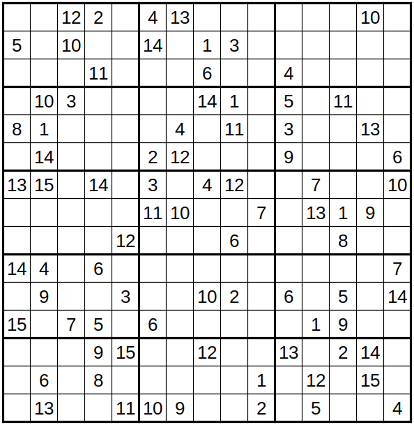 robakun2011's tweet photo. #数独 #sudoku #ナンプレ #numberplace
12x12と15x15問題です(*^^*)
基本的な解き方で解けます(^_-)❤️
#robakun https://t.co/uAtwGNsUp8