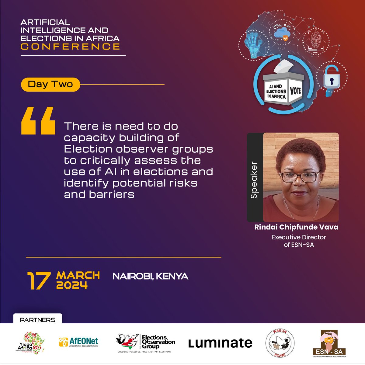 East and Horn Of Africa Observation Network (@ehorn_) on Twitter photo Capacity building of Election observer groups to critically assess the use of AI in elections and identify potential risks and barriers. <a href="/YIAGA/">Yiaga Africa</a> <a href="/WAEON/">WAEON</a> <a href="/esn_sa/">Electoral Support Network of Southern Africa</a> <a href="/Luminategroup/">Luminate</a> <a href="/AfEOnet/">AfEONet</a> #AIandAfricaElections #EyesOnElections Capacity building of Election observer groups to critically assess the use of AI in elections and identify potential risks and barriers. <a href="/YIAGA/">Yiaga Africa</a> <a href="/WAEON/">WAEON</a> <a href="/esn_sa/">Electoral Support Network of Southern Africa</a> <a href="/Luminategroup/">Luminate</a> <a href="/AfEOnet/">AfEONet</a> #AIandAfricaElections #EyesOnElections
