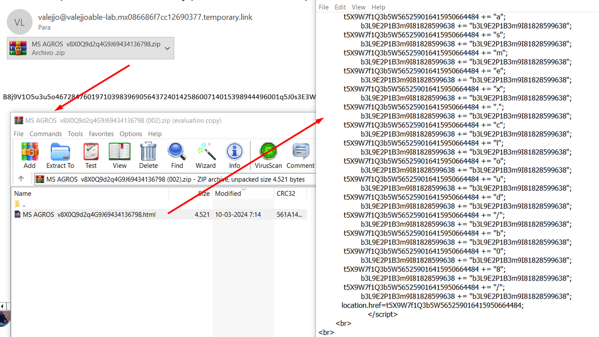 1ZRR4H's tweet photo. #Horabot dirigido a empresas de México 🇲🇽
.ZIP > .HTML > .RAR > .CMD > .PS1

Los correos phishing son enviados desde dominios temporary[.]link y traen adjunto un archivo .HTML (comprimido en un .ZIP) que inicia la descarga maliciosa.

Los archivos .HTML incluyen el nombre de la empresa objetivo (víctima potencial) 👀

Siguientes etapas desde:
1.- https://facturasmex[.]cloud/b08/
2.- http://ca1[.]sytes[.]net/22/22
3.- https://www.dropbox[.]com/scl/fi/k6hxua7lwt1qcgmqou6q3/m[.]zip (URLs van rotando)

Otros dominios utilizados ↓

1ra etapa:
- facturasm[.]cloud
- adbd[.]tech
- satventasfac[.]tech
- facturasmex[.]cloud
- facturasm[.]cloud
- archivosdwn[.]cloud
- facturas[.]co[.]in

2da etapa:
ca1.sytes[.]net
ad2.gotdns[.]ch
adbd[.]tech
tths.ddns[.]net