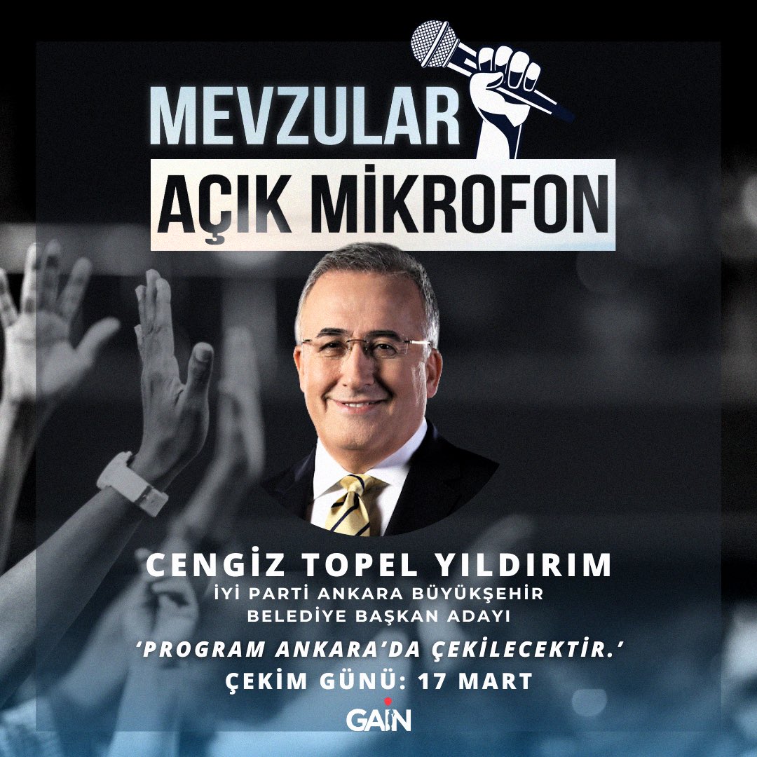 Mevzular Açık Mikrofon’da soru sormak isterseniz bu postun altına #sorumvar yazın ve ekip arkadaşlarımız size ulaşsın. -Çekim Yeri: ANKARA -Mevzular Açık Mikrofon İYİ Parti Ankara Büyükşehir Belediye Başkanı Adayı Cengiz Topel Yıldırım’ın katılımıyla gerçekleşecektir.