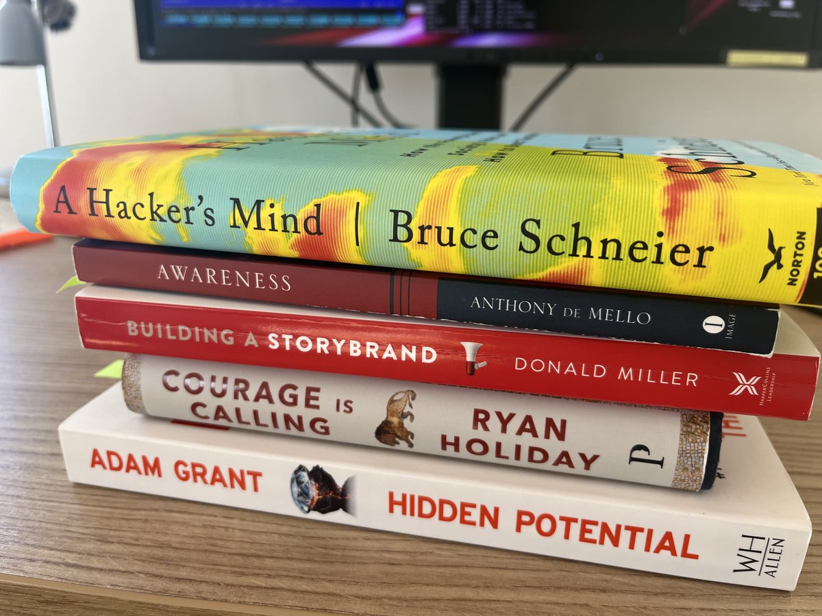 Current stack of books:

Building a Storybrand - Donald Miller

Highly recommended read if you want to dig deeper into marketing. Easy to read, great value. For anyone thinking about selling something

A Hacker's Mind - Bruce Schneier

Reading a chapter from time to time, they