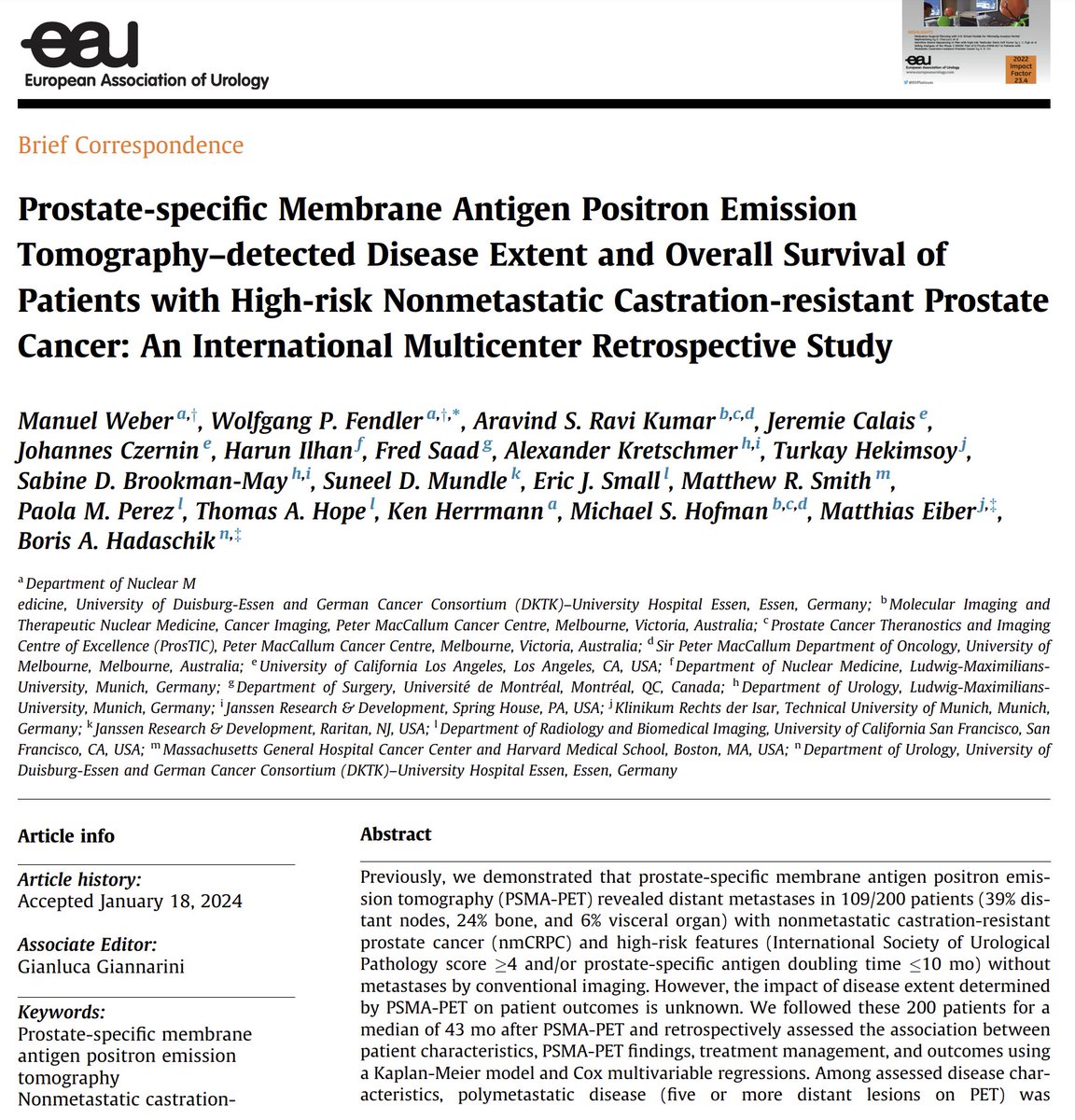 DrMHofman's tweet image. We followed up the patients in the 2019 highly cited first description of PSMA PET/CT findings in "non-metastatic prostate cancer" to see what happened with overall survival... Polymetastatic disease [≥5 metastasis] on PSMA PET/CT** was associated with shorter survival.  

**…