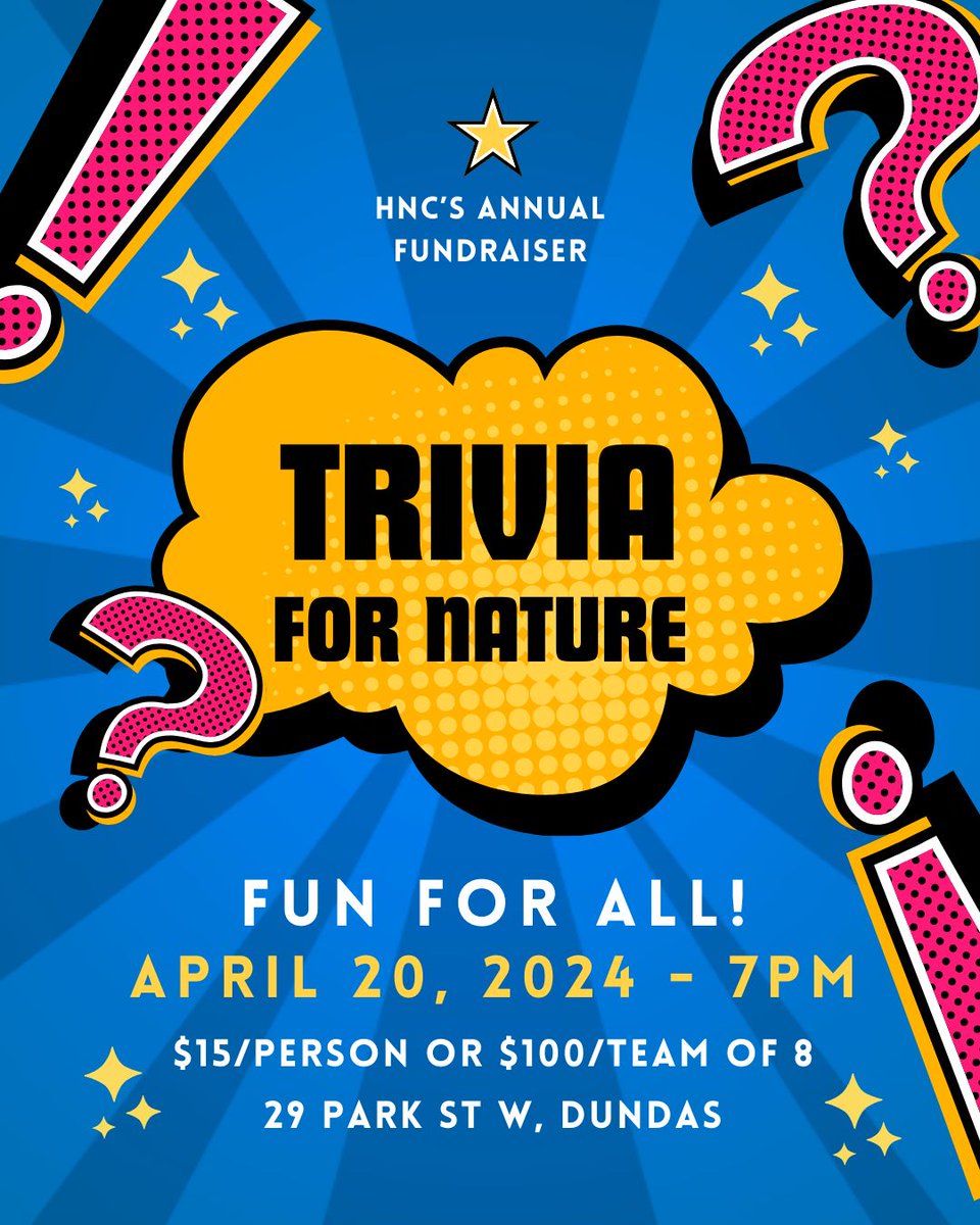 SAVE THE DATE: Trivia for Nature is back for another year! 🌿 Join us for a fun evening of general #trivia on April 20, 2024 starting at 7:00 PM. This annual fundraising event supports our stewardship work. Bring your own snacks. Drinks +/- alcohol for sale. See you there! 🏆