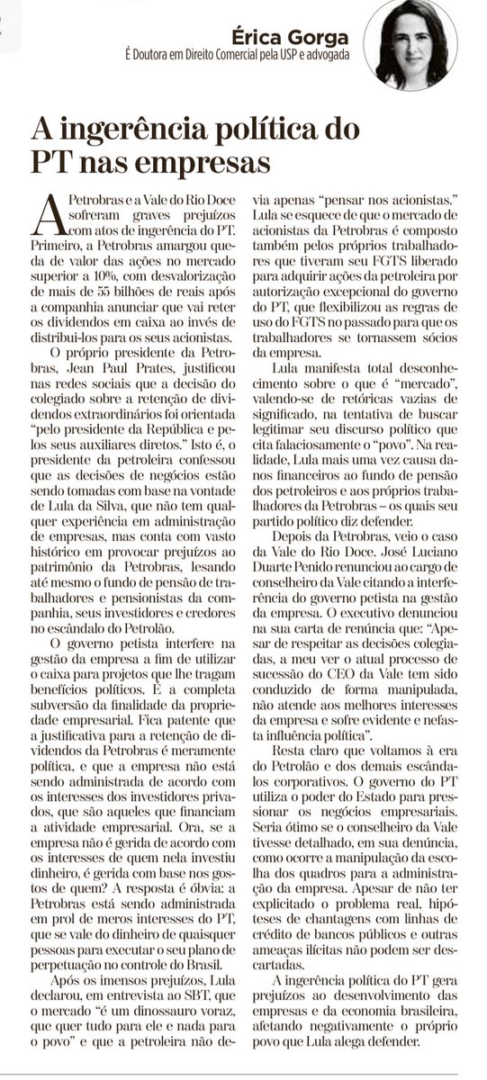 EricaGorga's tweet photo. No artigo abaixo explico o porquê estamos de volta à era do Petrolão e dos escândalos corporativos bilionários devido à interferência política nefasta do PT na atividade empresarial das empresas brasileiras. Mais uma vez o PT causa prejuízo ao fundo de pensão e aos próprios trabalhadores da Petrobras, que o Partido dos Trabalhadores alega defender. Lula se esqueceu que o governo do próprio PT liberou o FGTS desses trabalhadores para eles se tornarem acionistas e sócios da empresa e agora os lesa deliberadamente ao não distribuir dividendos e reter o caixa para fins políticos.