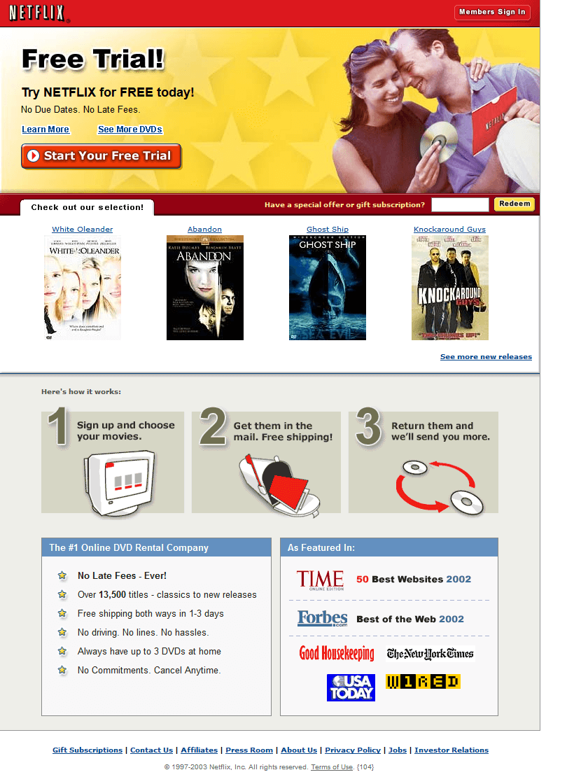 Netflix homepage in 2003