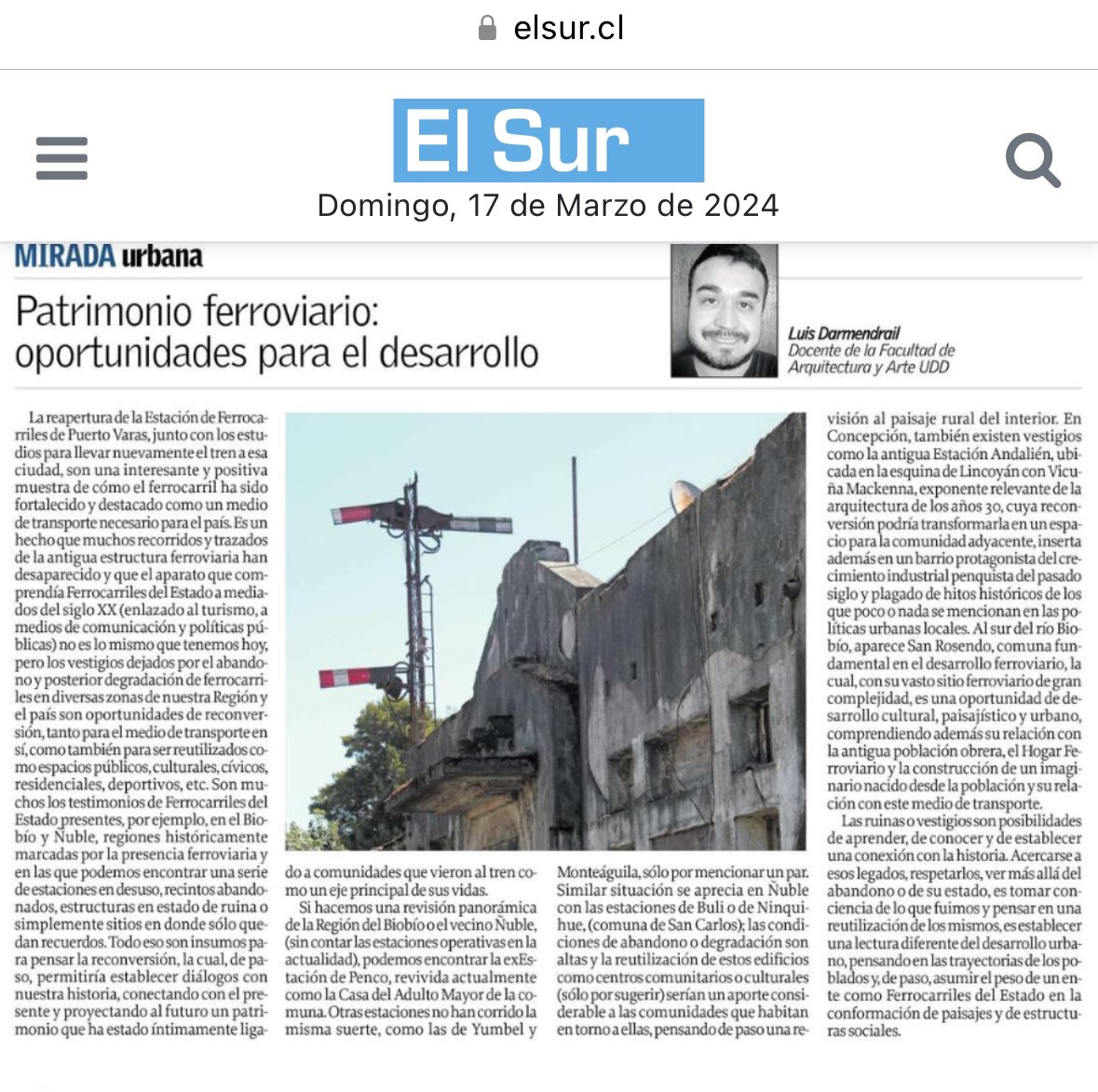 Arquitectura UDD SurSur, Concepción (@arquddsursur) on Twitter photo Compartimos la columna del diario el Sur <a href="/elsurcl/">Diario El Sur</a> Mirada urbana del día de hoy <a href="/UDD_cl/">UDD</a> de nuestro docente Luis Darmendrail sobre Patrimonio Ferroviario: oportunidades para el desarrollo <a href="/Live023/">Miguel Nazar</a> <a href="/pallards/">Pablo Allard</a> <a href="/colegioarq/">Colegio de Arquitectos de Chile</a> <a href="/CulturaColectiv/">Cultura Colectiva</a> <a href="/valegalito/">Vale Galleguillos N.</a> Compartimos la columna del diario el Sur <a href="/elsurcl/">Diario El Sur</a> Mirada urbana del día de hoy <a href="/UDD_cl/">UDD</a> de nuestro docente Luis Darmendrail sobre Patrimonio Ferroviario: oportunidades para el desarrollo <a href="/Live023/">Miguel Nazar</a> <a href="/pallards/">Pablo Allard</a> <a href="/colegioarq/">Colegio de Arquitectos de Chile</a> <a href="/CulturaColectiv/">Cultura Colectiva</a> <a href="/valegalito/">Vale Galleguillos N.</a>
