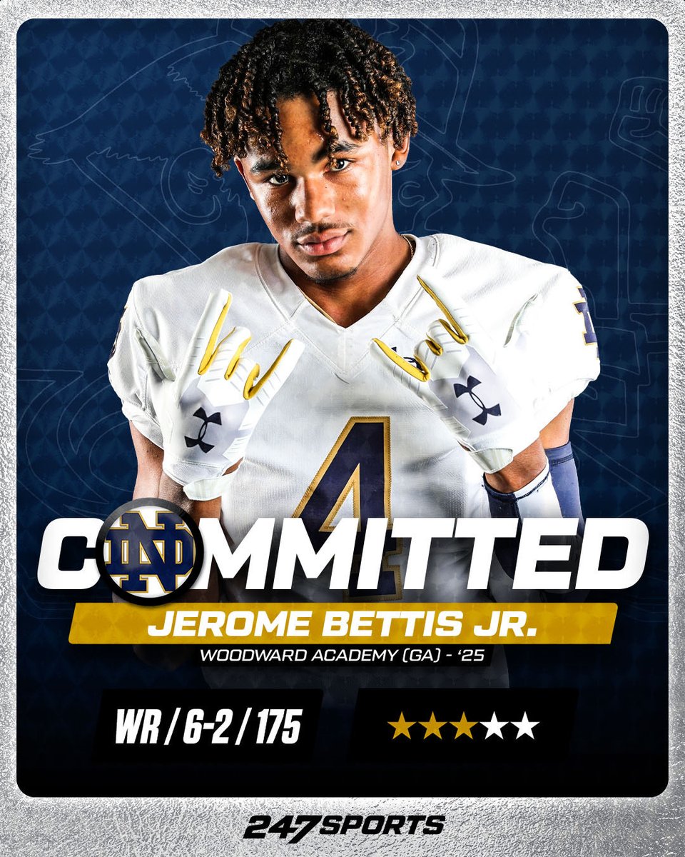 BREAKING: Receiver Jerome Bettis Jr. commits to #NotreDame @jeromebettisjr in-depth on why he'll play for the Fighting Irish, not just to follow in his father's footsteps, but to carve out his own path. Story 247sports.com/college/notre-… @JeromeBettis36 @irishillustratd @247Sports