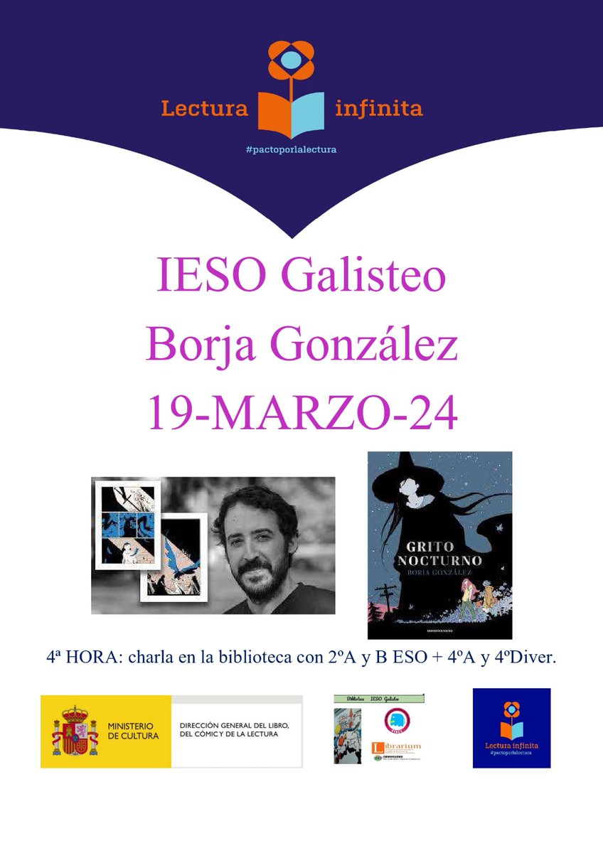 Borja González, Premio Nacional del Cómic, dará una charla el martes 19 de marzo en la Biblioteca del IESO Galisteo dentro del programa 'Encuentros literarios'  del Plan @librolecturagob del Ministerio de Cultura y Deporte. #lecturainfinita