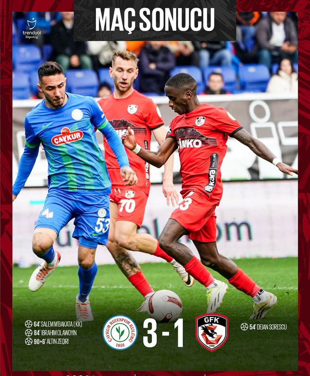 markafutbol_com's tweet photo. RİZESPOR 3-1 GAZİANTEP FK
⏱️MAÇ SONUCU
🔥 #ÇaykurRizespor, Süper Lig'in 30.Haftasında #Gaziantep'i 3-1 yendi.
*** GOLLER ***
⚽ 53 #Sorescu 0-1
⚽ 63 #Mbakata (K.K) 1-1
⚽ 83 #Olawoyin 2-1
⚽ 90+7 #Zeqiri 3-1
❌#Rize 70'de #Shelvey'le penaltı kaçırdı. https://t.co/01FMCEW2ZW