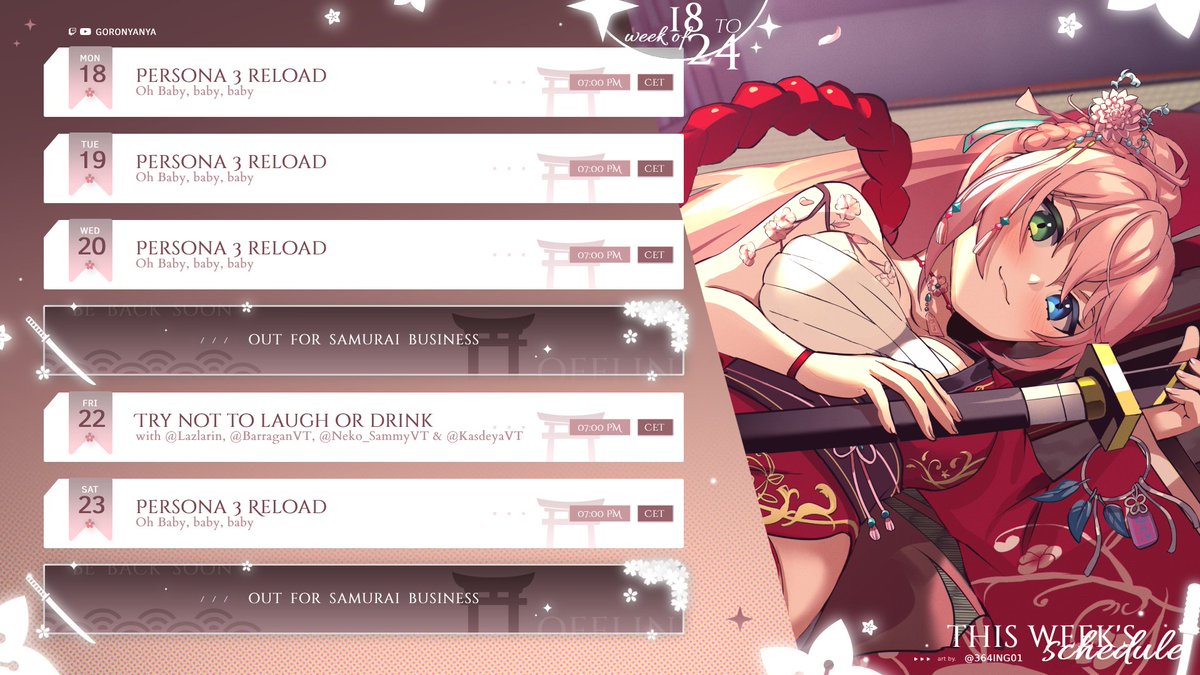 GoroSamurai's tweet photo. We will finish #Persona3Reload for real this week?! 😜
Excited for Friday! Join in for our special Stream:

¸.·✩·.¸¸.·¯⍣🌸𝑻𝒓𝒚 𝑵𝒐𝒕 𝑻𝒐 𝑳𝒂𝒖𝒈𝒉 𝑶𝒓 𝑫𝒓𝒊𝒏𝒌 🌸⍣¯·.¸¸.·✩·.¸

with  @KasdeyaVT @Lazlarin @Neko_SammyVT &amp; @BarraganVT  #Vtuber https://t.co/KLralgOEf2