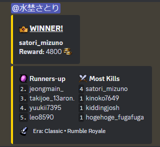 本日もランブルにたくさんご参加ありがとうございました🥰
皆さんをなぎ倒してさらっと優勝してしまいましたｗ
最近不定期開催で申し訳ないですが、開催時はTwitterとDiscordで告知しますね！

また、OpenSeaの調子が悪い？ようで報酬送れないので、少々お待ちいただけますと幸いです。