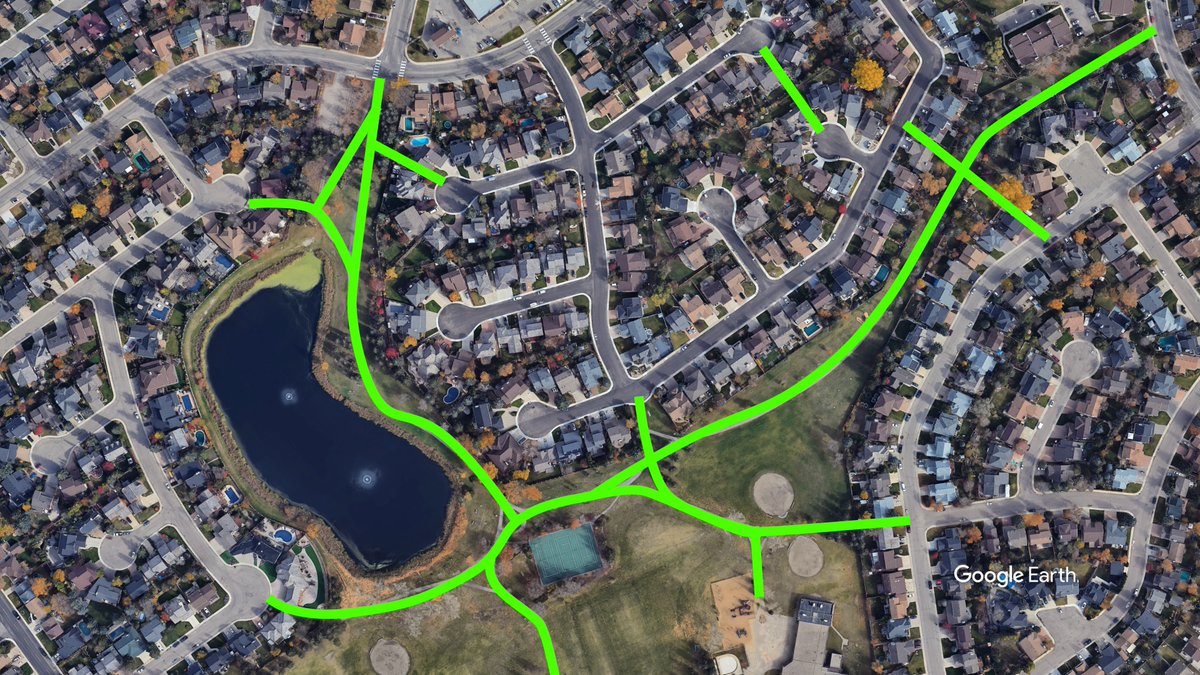 OhUrbanity's tweet photo. Pedestrian pathways breaking up the cul-de-sac road layout are a simple improvement that can make such a big difference to an otherwise suburban environment.

(Saskatoon, Saskatchewan) https://t.co/26Lj5aODXo