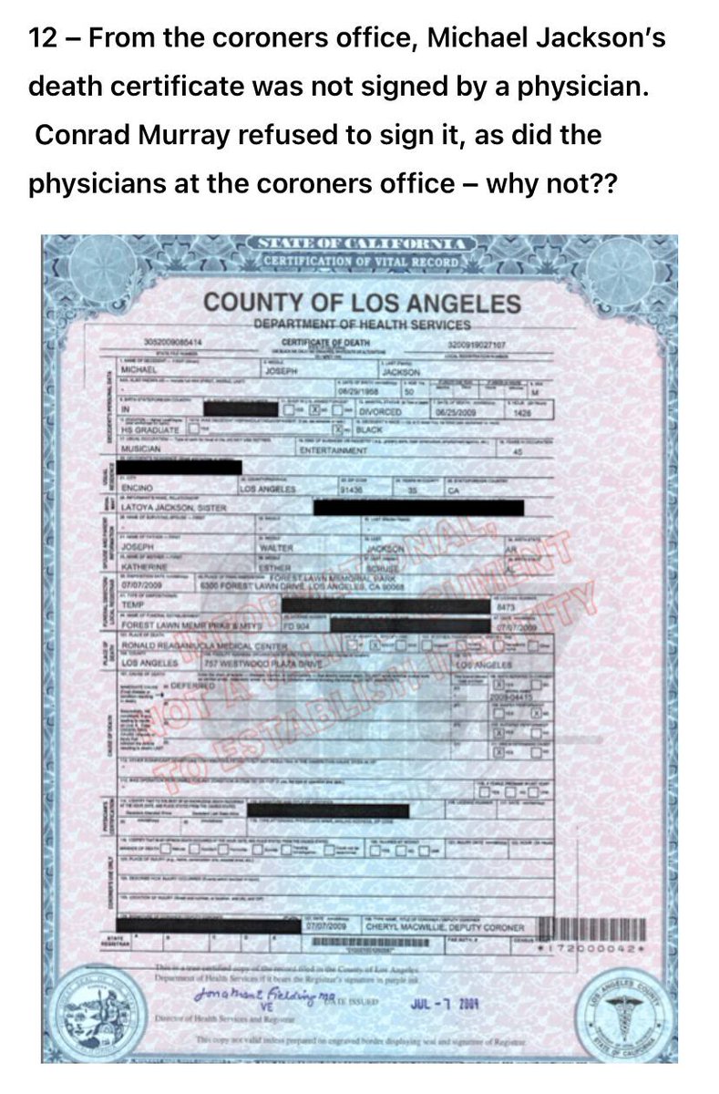CMDRVALTHOR's tweet photo. Why didn’t a doctor sign Michael Jackson’s death certificate?

Maybe because there wasn’t a death? https://t.co/EbCU9JfYGQ