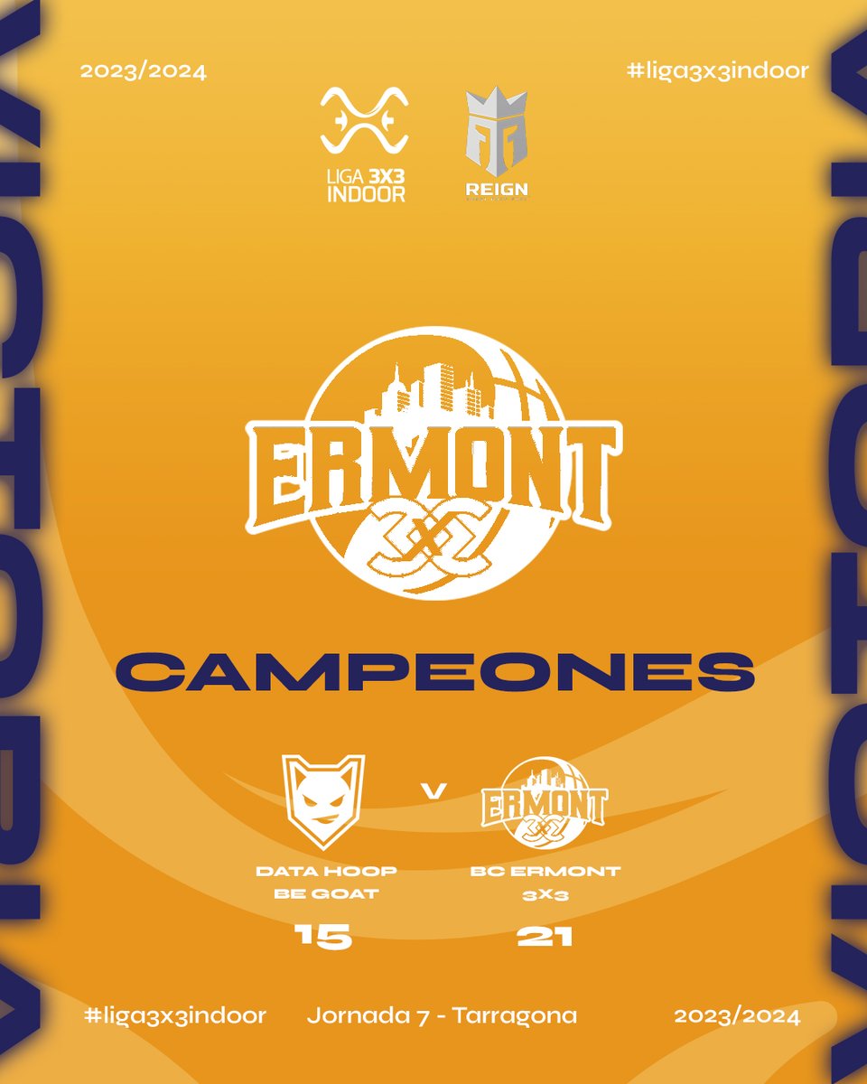 🥇🏆 𝐂𝐀𝐌𝐏𝐄𝐎𝐍𝐄𝐒 🏆🥇

<a href="/ermont3x3/">bc_ermont3x3</a> son los CAMPEONES de la séptima sede en Tarragona ¡Enhorabuena! 🏆🥳

Felicidades también a los subcampeones <a href="/BeGoat_Team/">Be GOAT</a>  👏

🔜 Next stop: BILBAO
🤝@reignbodyfuel

#Liga3x3IndoorReign