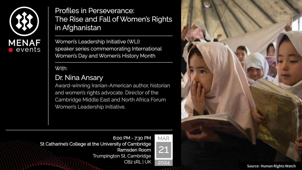 The next event in our speaker series during #WomensHistoryMonth will focus on the history of women's rights in #Afghanistan. Join our free presentation and drinks reception on 21st March at the University of Cambridge. cmenaf.org/event/profiles…