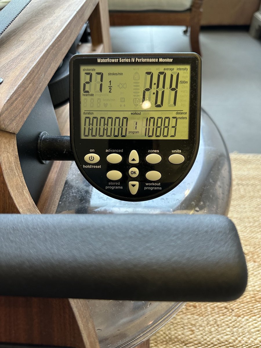Quite pleased with a PB of 10,883 metres in 45 minutes on the WaterRower. That said, only 117 metres short of 11,000. Had I not flagged a bit in the last 30 seconds I could have nailed that. A reminder that the last percent of any effort is often the most vital. 😅