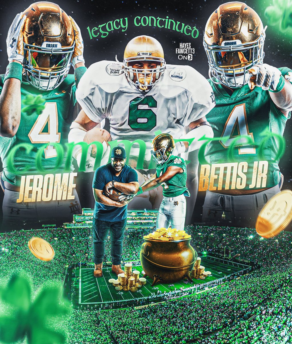 BREAKING: Class of 2025 WR Jerome Bettis Jr. has Committed to Notre Dame, he tells me for @on3recruits The 6’3 190 WR from Atlanta, GA chose the Fighting Irish over Texas A&M, Duke, & Ole Miss “Success is earned, not inherited. Go Irish ☘️” on3.com/db/jerome-bett…