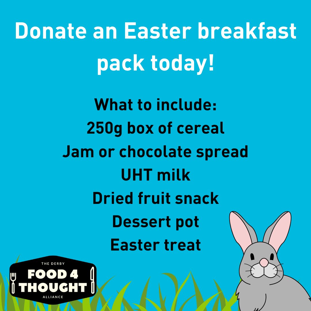 Help someone in your community 🐰 If you are able to, please donate a @DerbyFood4TA Easter Breakfast pack. They are collecting 500 packs to go to local children. To donate one pack please email info@df4ta.com or call 01332346266.